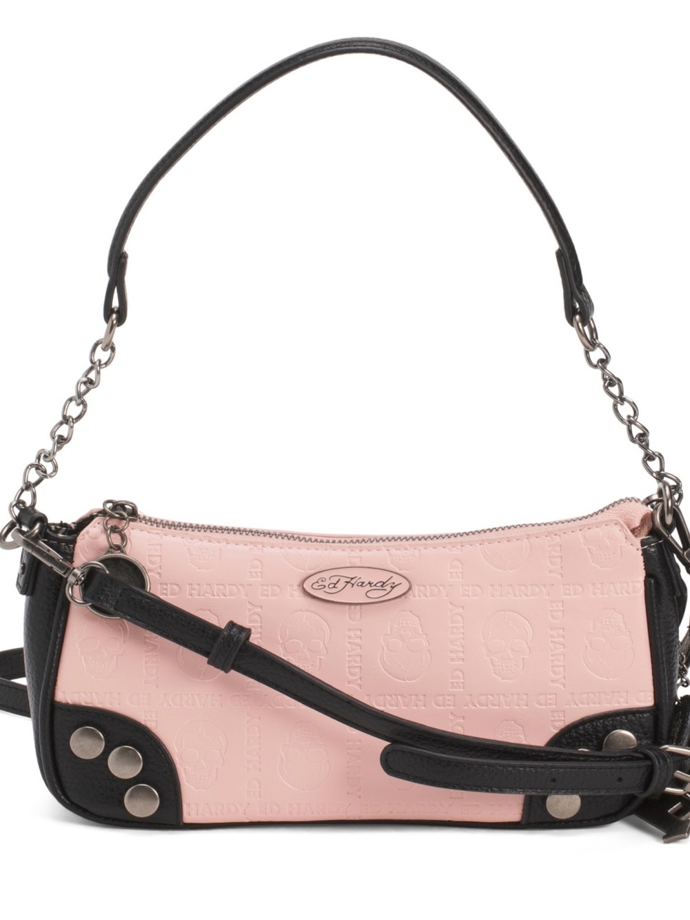 Ed Hardy Pink and Black Embossed Leather Shoulder Bag